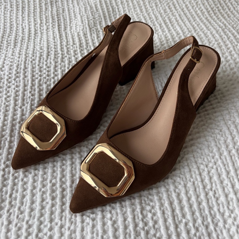 Catherine Malandrino Brown Heels with Gold Accent